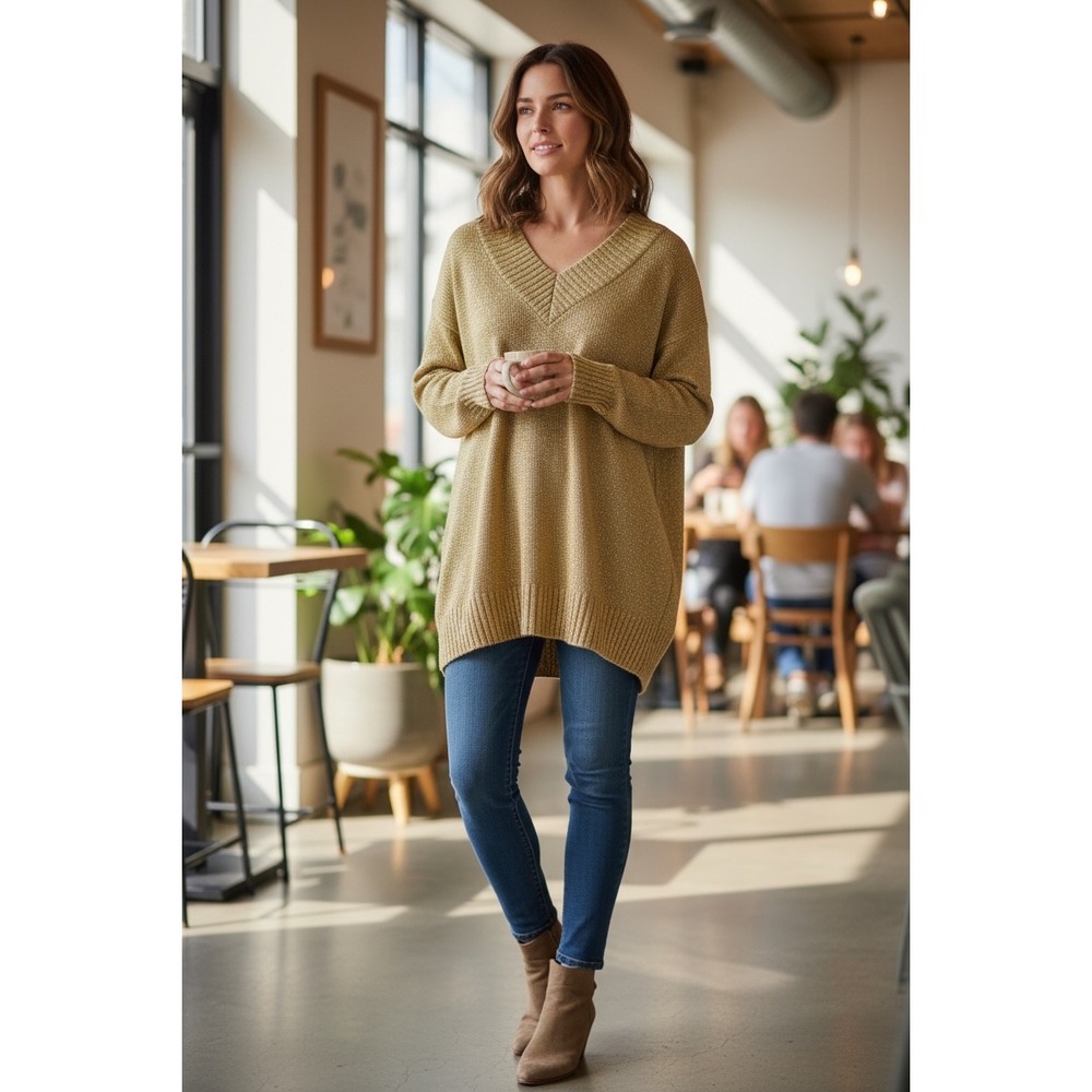 Diane Von Furstenberg VTG Gold Metallic V-Neck‎ Sweater Plus 1X Designer NWT